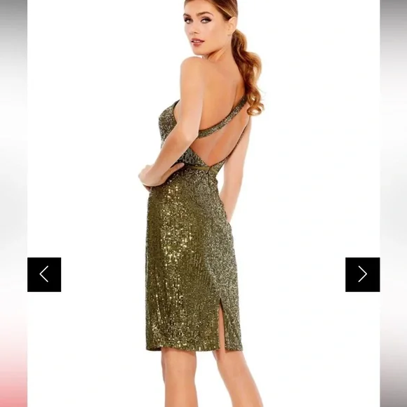 MAC DUGGAL SZ 4 OLIVE SEQUENCED ONE SHOULDER MIDI DRESS. NWT - Picture 2 of 4